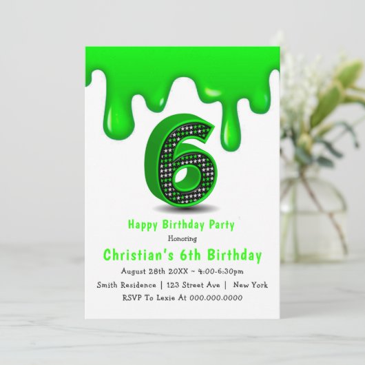 Green Slime 6th Birthday-uitnodigingen (Staand voorkant)