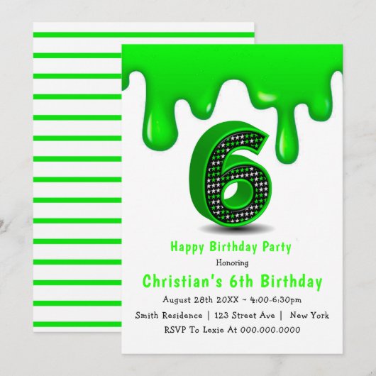 Green Slime 6th Birthday-uitnodigingen (Voorkant / Achterkant)