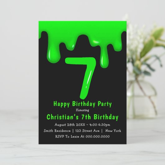 Green Slime 7th Birthday Invitations (Staand voorkant)