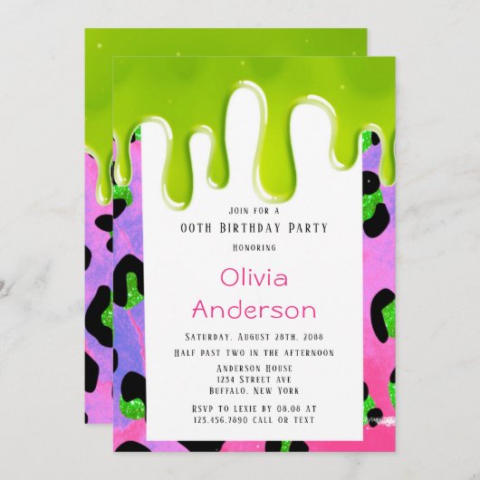 Green Slime Pink Leopard Print 00th Birthday Party Kaart (Voorkant / Achterkant)