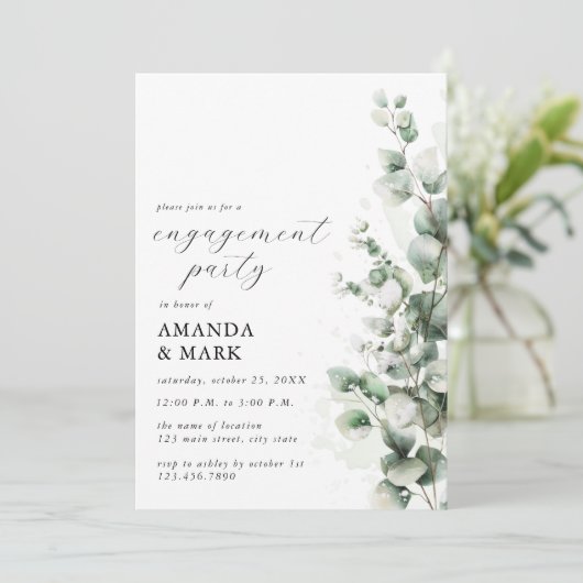 Green Snow Eucalyptus Winter Engagement Party Kaart (Staand voorkant)