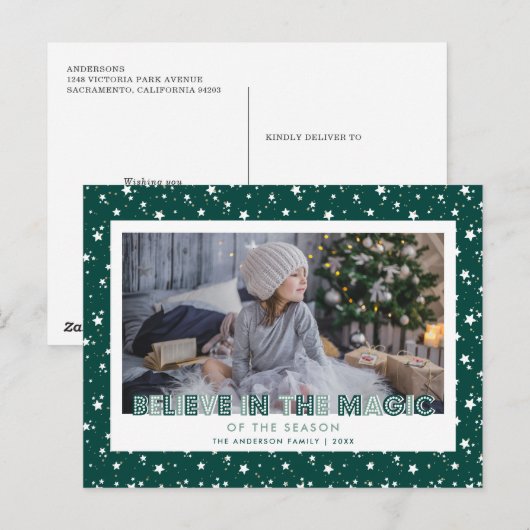Green Snow Stars Believe Photo Feestdagenkaart (Voorkant / Achterkant)