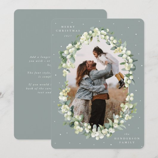 Green Snowberry+Eucalyptus Christmas Photo Feestdagenkaart (Voorkant / Achterkant)