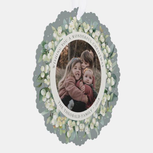 Green Snowberry+Eucalyptus Christmas Wreath Photo  Ornament Kaart (Rechts)