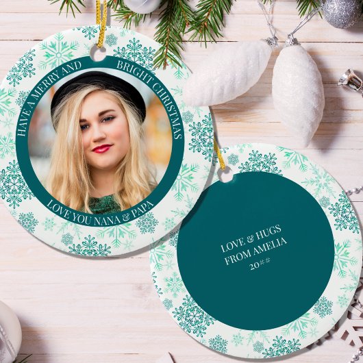 Green Snowflake Merry Bright en kerstfoto Keramisch Ornament