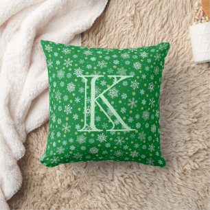 Green Snowflake Modern Elegant Typography Monogram Kussen