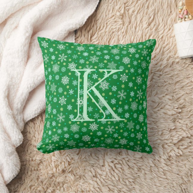 Green Snowflake Modern Elegant Typography Monogram Kussen (Deken)