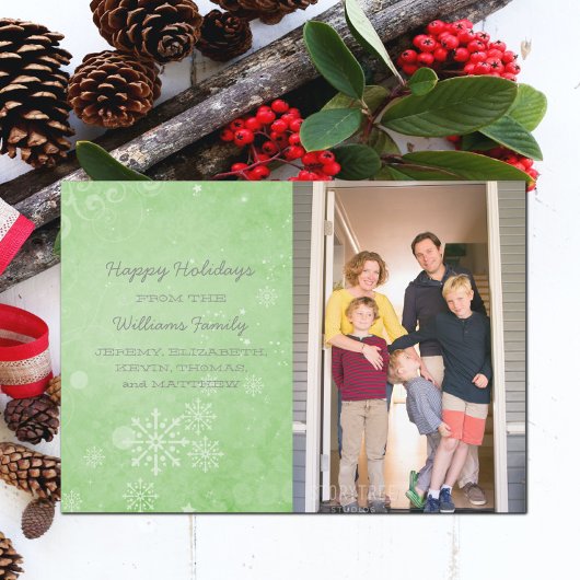 Green Snowflake Swirls Holiday Photo Flat Kaart