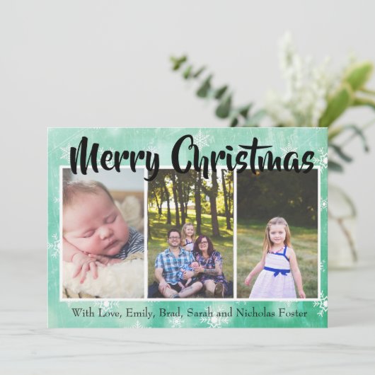 Green Snowflakes personaliseer de kerstfoto Feestdagenkaart (Staand voorkant)