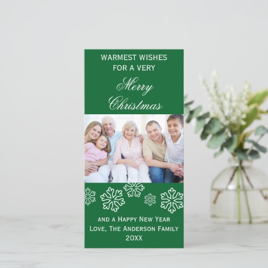 Green Snowflakes Warmest Wishes Foto - Fotokaart Feestdagenkaart (Staand voorkant)