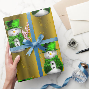 Green Snowman op Gold Kerstmis Cadeaupapier