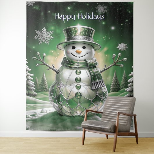 Green Snowman Snowflakes Holiday Backdrop Wandkleed (In situ)