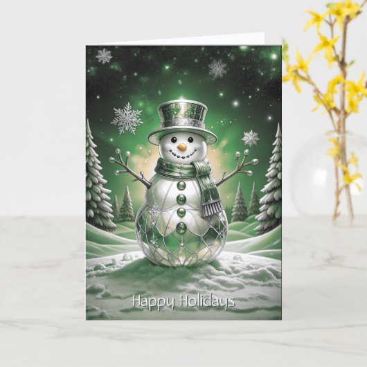 Green Snowman Snowflakes Holiday Card Kaart (Gele Bloem)