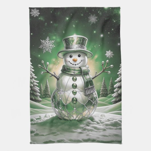 Green Snowman Snowflakes Holiday Kitchen Towel Theedoek (Verticaal)