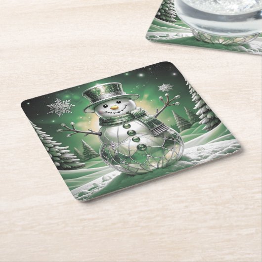 Green Snowman Snowflakes Holiday Paper Coaster Kartonnen Onderzetters (Schuin)