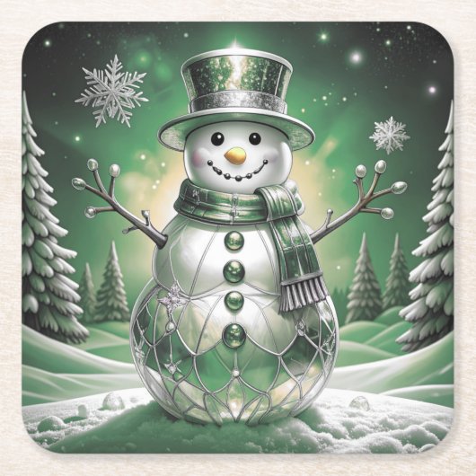 Green Snowman Snowflakes Holiday Paper Coaster Kartonnen Onderzetters (Voorkant)