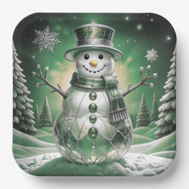 Green Snowman Snowflakes Holiday Paper Plate Papieren Bordje