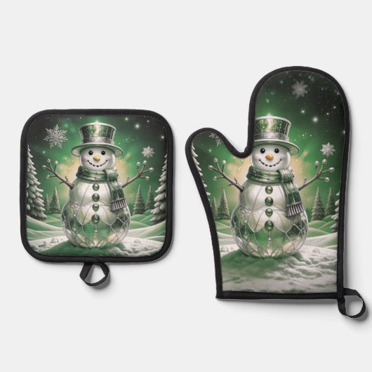 Green Snowman Snowflakes Ovenwant & Pannenlap Set (Voorkant)
