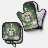 Green Snowman Snowflakes Ovenwant & Pannenlap Set (Voorkant / Achterkant)