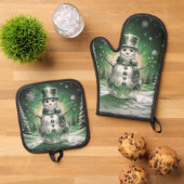 Green Snowman Snowflakes Ovenwant & Pannenlap Set (Top down)