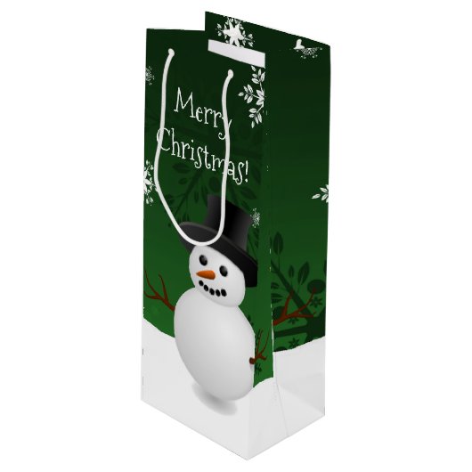 Green Snowman Winter Scene Kerstwijn Gift Bag Wijn Cadeautas (Voorkant Gekanteld)