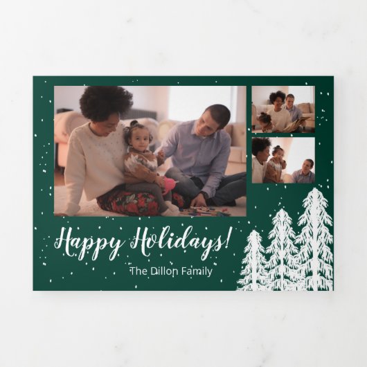 Green Snowy Pine Tree Forest Holiday 6-foto Drieluik Wenskaart (Cover)