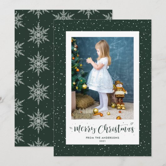 Green Snowy Snowflake Photo Merry kerstkaarten Feestdagenkaart (Voorkant / Achterkant)