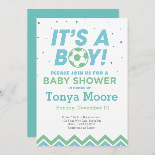 Green Soccer Baby shower Uitnodiging (Voorkant / Achterkant)