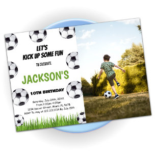 Green Soccer Birthday Invitations met foto Kaart