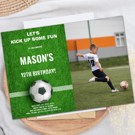 Green Soccer Birthday Invitations met foto Kaart