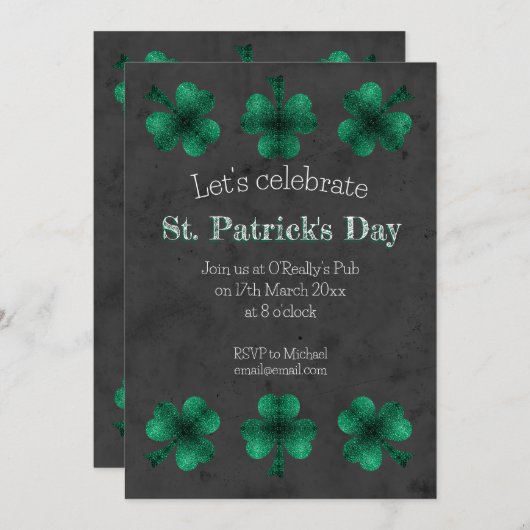 Green Sparkle Shamrock Grey St Patrick Day Kaart (Voorkant / Achterkant)