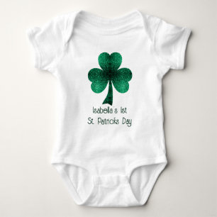 Green Sparkles Shamrock 1st St Patricks Day Name Romper