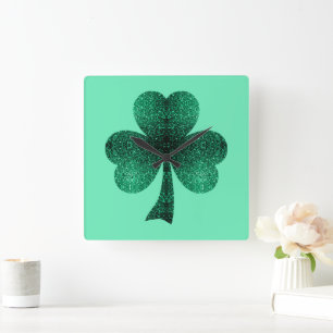 Green Sparkles Shamrock St. Patrick' Day turquoise Vierkante Klok