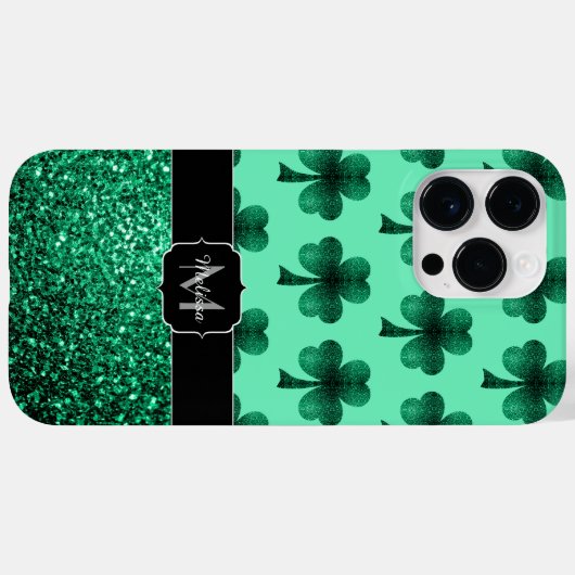 Green Sparkles Shamrock St. Patrick's Day Monogram Case-Mate iPhone Case (Achterkant (horizontaal))