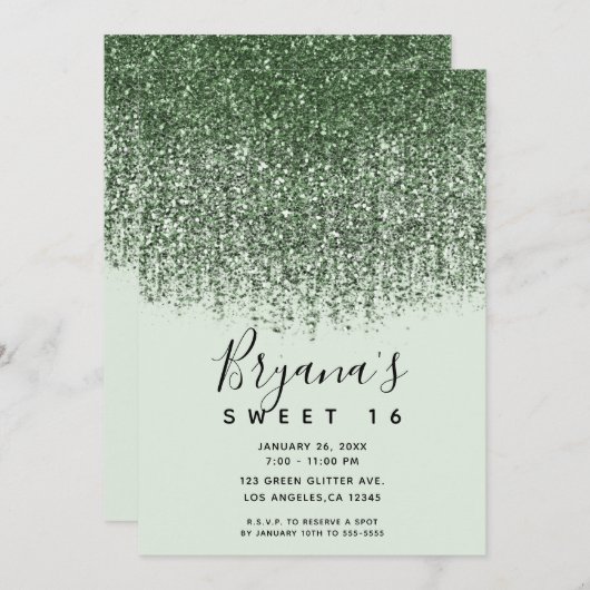 Green Sparkly Glitter Sweet 16 Birthday Party Kaart (Voorkant / Achterkant)