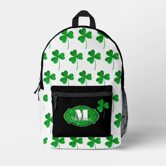 Green Sparkly Shamrocks Monogrammed St Patrick Bedrukte Rugzak (Voorkant)
