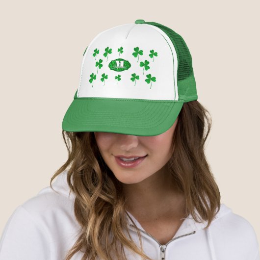Green Sparkly Shamrocks Monogrammed St Patrick Trucker Pet (In situ)
