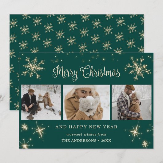 Green Sparkly Snowflake-fotokerstkaarten Feestdagenkaart (Voorkant / Achterkant)