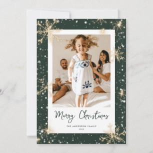 Green Sparkly Snowflake Photo Christmas Cards Feestdagenkaart