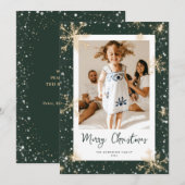 Green Sparkly Snowflake Photo Christmas Cards Feestdagenkaart (Voorkant / Achterkant)