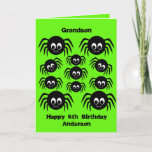 Green Spider Halloween Birthday Grandson Kaart<br><div class="desc">Een gepersonaliseerde spinkleinzoon verjaardag Halloween kaart met een hoop griezelige spinnen. Je kunt de voorkant van deze groene spin halloween verjaardagskaart gemakkelijk personaliseren met hun leeftijd en naam. Binnen leest een spooktaculair bericht, dat u kunt houden of uitgeven indien gewenst. Op de achterkant van de verjaardagskaart van het kind staan...</div>