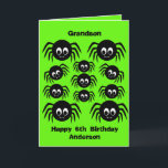 Green Spider Halloween Birthday Grandson Kaart<br><div class="desc">Een gepersonaliseerde spinkleinzoon verjaardag Halloween kaart met een hoop griezelige spinnen. Je kunt de voorkant van deze groene spin halloween verjaardagskaart gemakkelijk personaliseren met hun leeftijd en naam. Binnen leest een spooktaculair bericht, dat u kunt houden of uitgeven indien gewenst. Op de achterkant van de verjaardagskaart van het kind staan...</div>