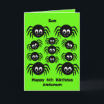 Green Spider Halloween Birthday Son Kaart<br><div class="desc">Een gepersonaliseerde spinzoon verjaart Halloween kaart met een hoop griezelige spinnen. Je kunt je gemakkelijk personaliseren aan de voorkant van deze groene spin halloween verjaardagskaart met hun leeftijd en naam. Binnen leest een spooktaculair bericht, dat u kunt houden of uitgeven indien gewenst. Op de achterkant van de verjaardagskaart van het...</div>
