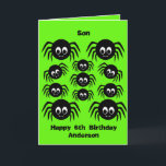 Green Spider Halloween Birthday Son Kaart<br><div class="desc">Een gepersonaliseerde spinzoon verjaart Halloween kaart met een hoop griezelige spinnen. Je kunt je gemakkelijk personaliseren aan de voorkant van deze groene spin halloween verjaardagskaart met hun leeftijd en naam. Binnen leest een spooktaculair bericht, dat u kunt houden of uitgeven indien gewenst. Op de achterkant van de verjaardagskaart van het...</div>
