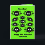 Green Spider Halloween Verjaardag kleinzoon Kaart<br><div class="desc">Een gepersonaliseerde spin kleinzoon verjaardag Halloween kaart met een bos van griezelige gekke spinnen. U kunt gemakkelijk personaliseren de voorkant van deze groene spin Halloween verjaardag kleinzoon kaart met hun leeftijd en naam. Binnenin leest u een spookachtig bericht, dat u kunt bewaren of bewerken als u dat wilt. Op de...</div>