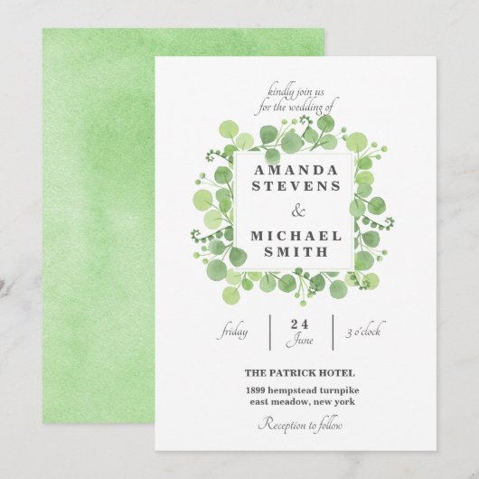 Green Square bladeren krans Waterverf bruiloft Kaart (Voorkant / Achterkant)