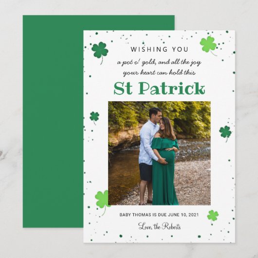 Green St Patrick baby Aankondiging Klaver Foto (Voorkant / Achterkant)