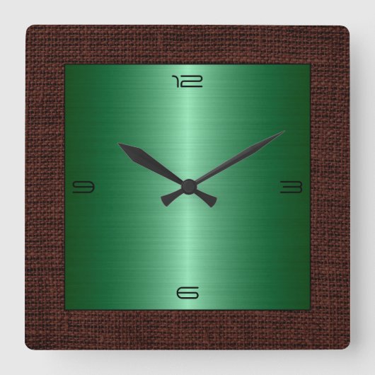 Green Stainless Steel Modern Burlap Border Vierkante Klok (Voorkant)