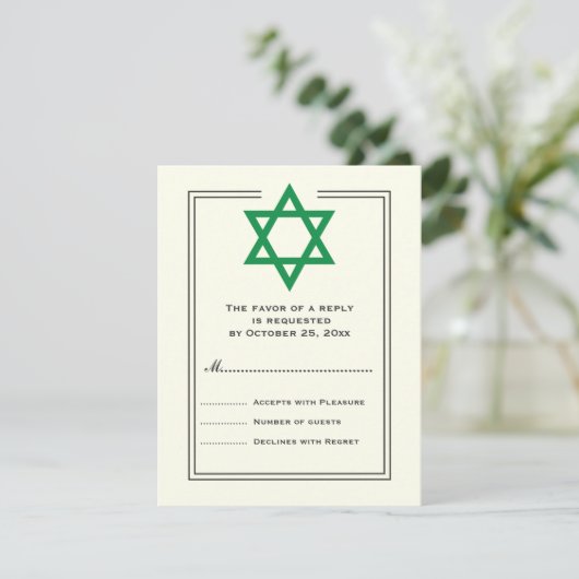 Green Star of David Bar Mitswa antwoordkaart RSVP Kaartje (Staand voorkant)