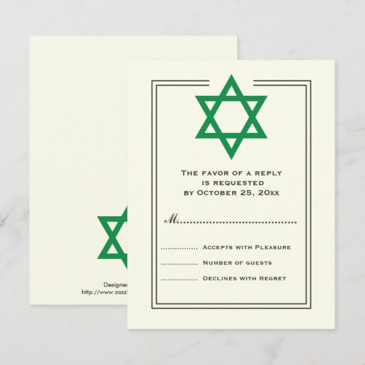Green Star of David Bar Mitswa antwoordkaart RSVP Kaartje (Voorkant / Achterkant)